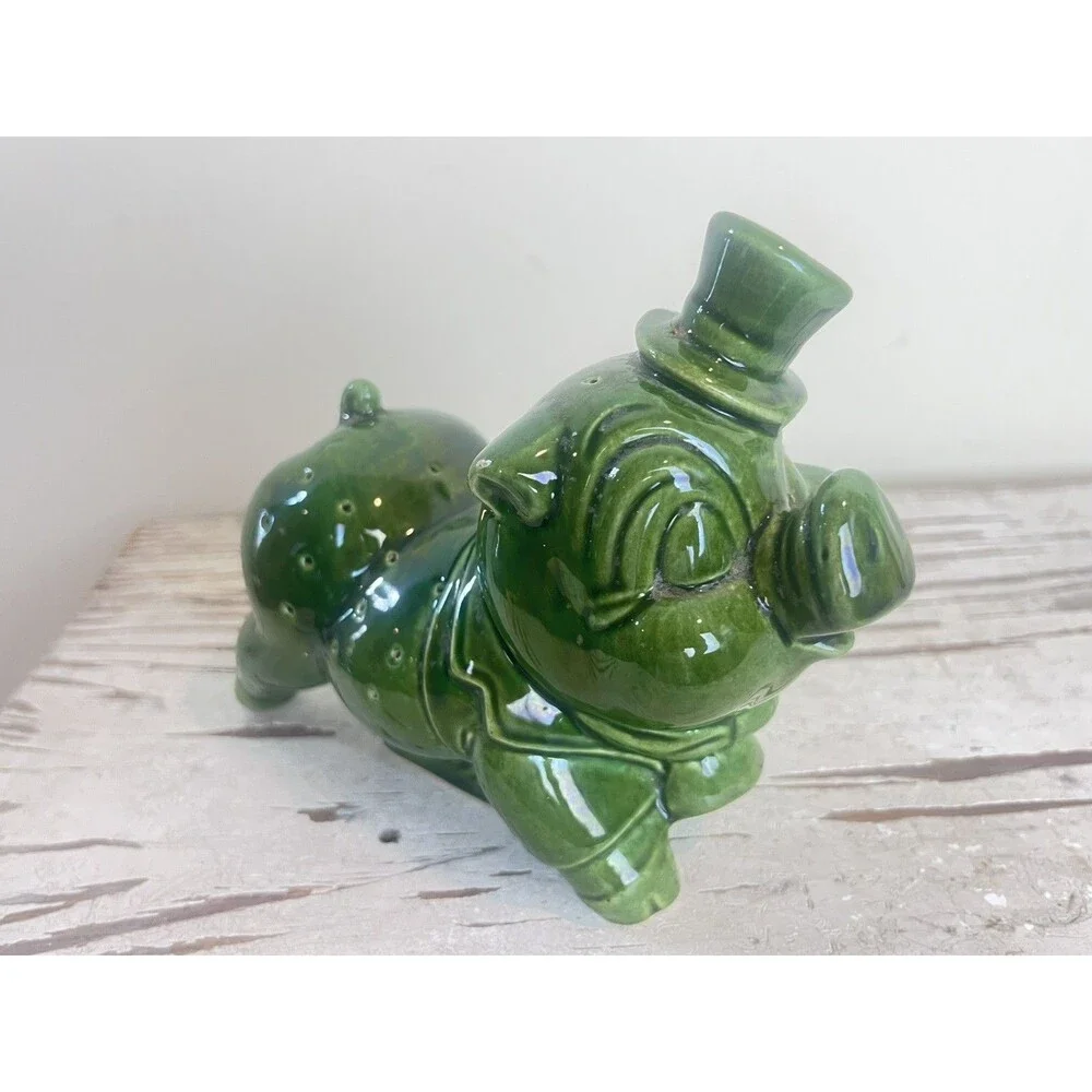 Vintage Rare MCM Green Glazed Piggy Toothpick Appetizer Stick Pin Holder Figure